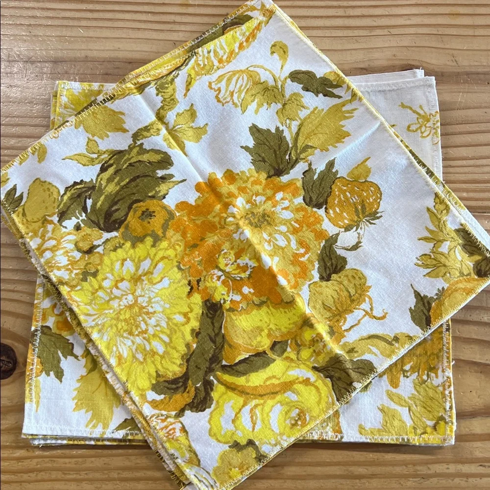Vintage set of 10 asst size’s floral gold / yellow napkins handmade zig zag hems